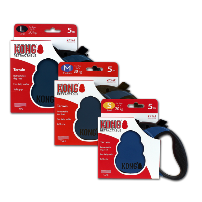 Kong Rollijn Terrain Blauw – 5 m – Uittrekbare Hondenriem (3 maten)